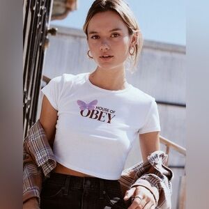NWT - OBEY House Of Obey Womens Fitted Crop Tee in White - Various Sizes